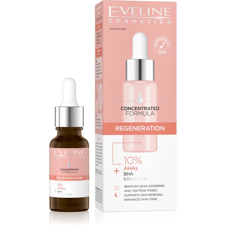 Eveline Concentrated Formula Regenerating Serum with 10% AHA BHA Acid for Face Neck and Decollete 18ml