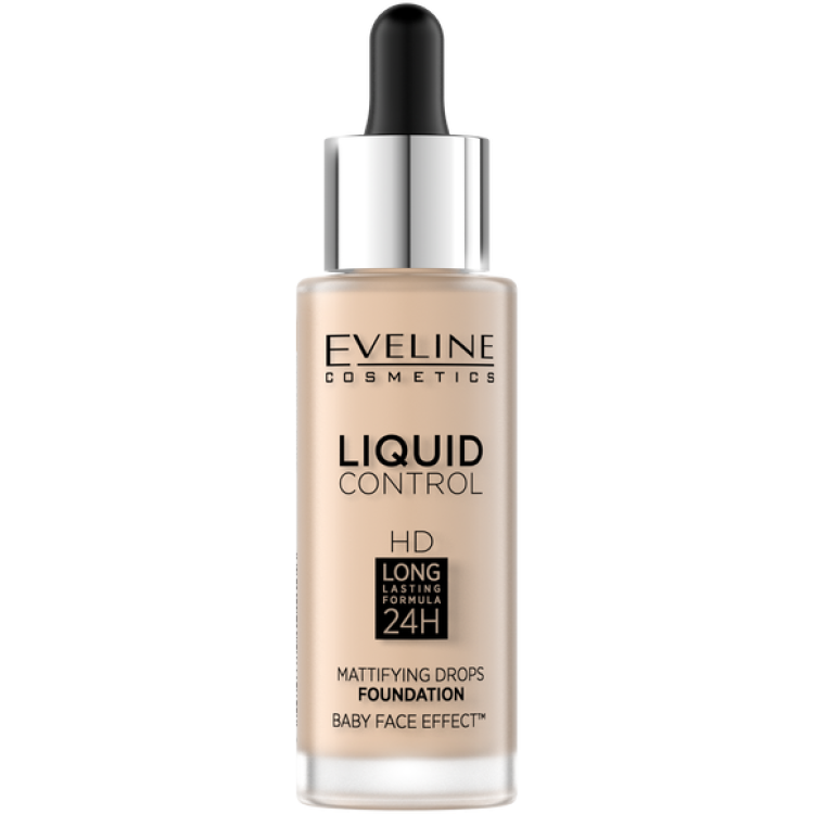 Eveline Liquid Control HD Light Face Foundation with Dropper Mattifying Effect 001 Porcelain 32ml