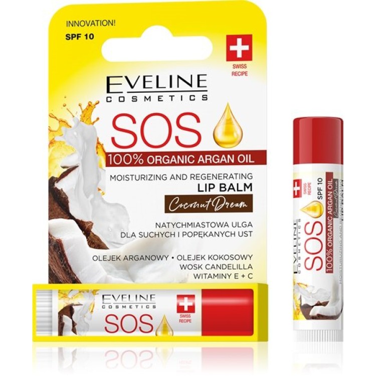 Eveline SOS Moisturizing Regenerating Balm for Dry and Cracked Lips Coconut SPF10 1 Piece