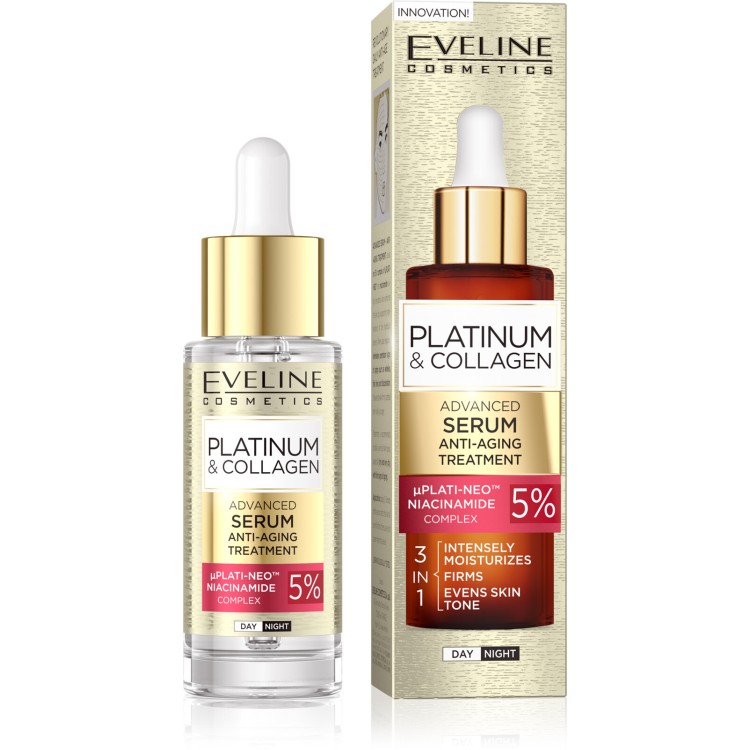 Eveline Platinum & Collagen 5% Complex Plati-Neo™ and Niacinamide 3in1 Advanced Serum Anti-Aging Treatment for Day and Night 30ml