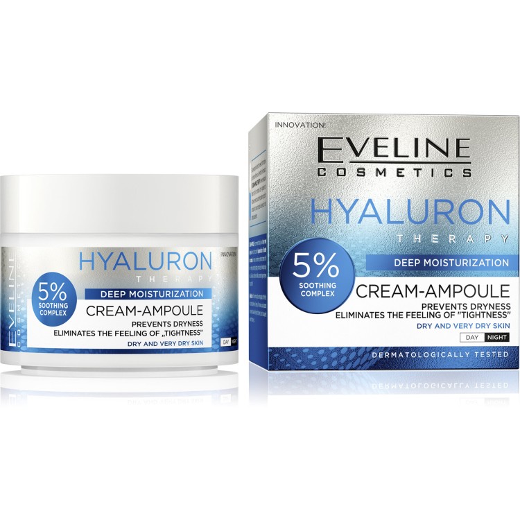 Eveline Hyaluron Deeply Moisturizing Cream-Ampoule 5% Soothing Complex for Dry and Very Dry Skin 50ml