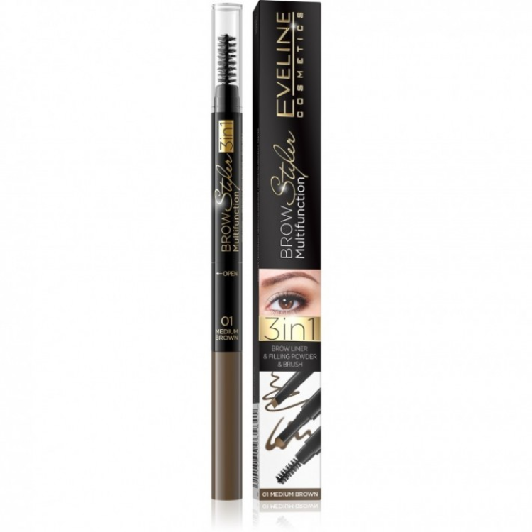 EVELINE BROW STYLER MULTIFUNCTION EYEBROW PENCIL 3IN1 01 MEDIUM BROWN