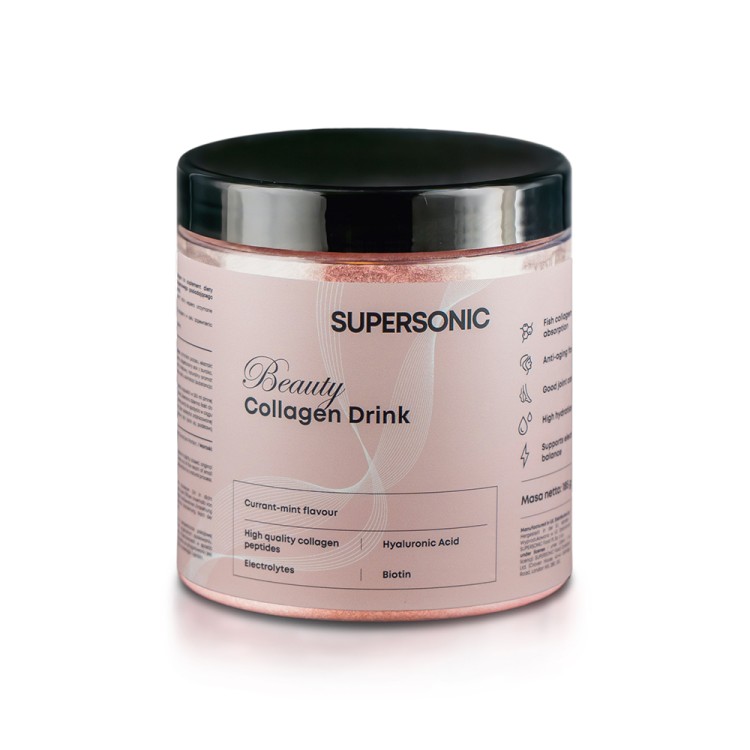 SUPERSONIC BEAUTY COLLAGEN DRINK WITH HYALURONIC ACID AND ELECTROLYTES CURRANT AND MINT FLAVOUR 180G